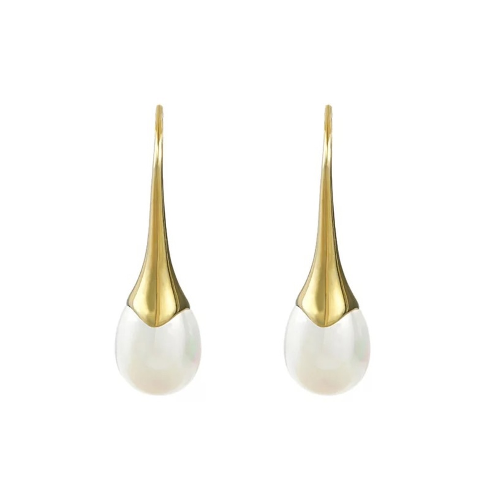 14k Gold plated over 925 Sterling Silver Pearl Drop Hook Earrings